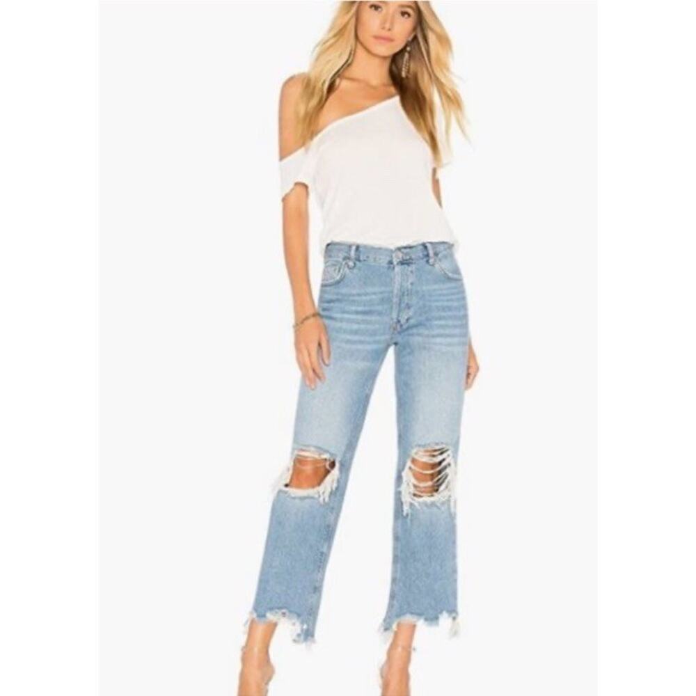 FREE PEOPLE Maggie Mid Rise Straight Leg Jeans Aged To Perfection Distressed 31